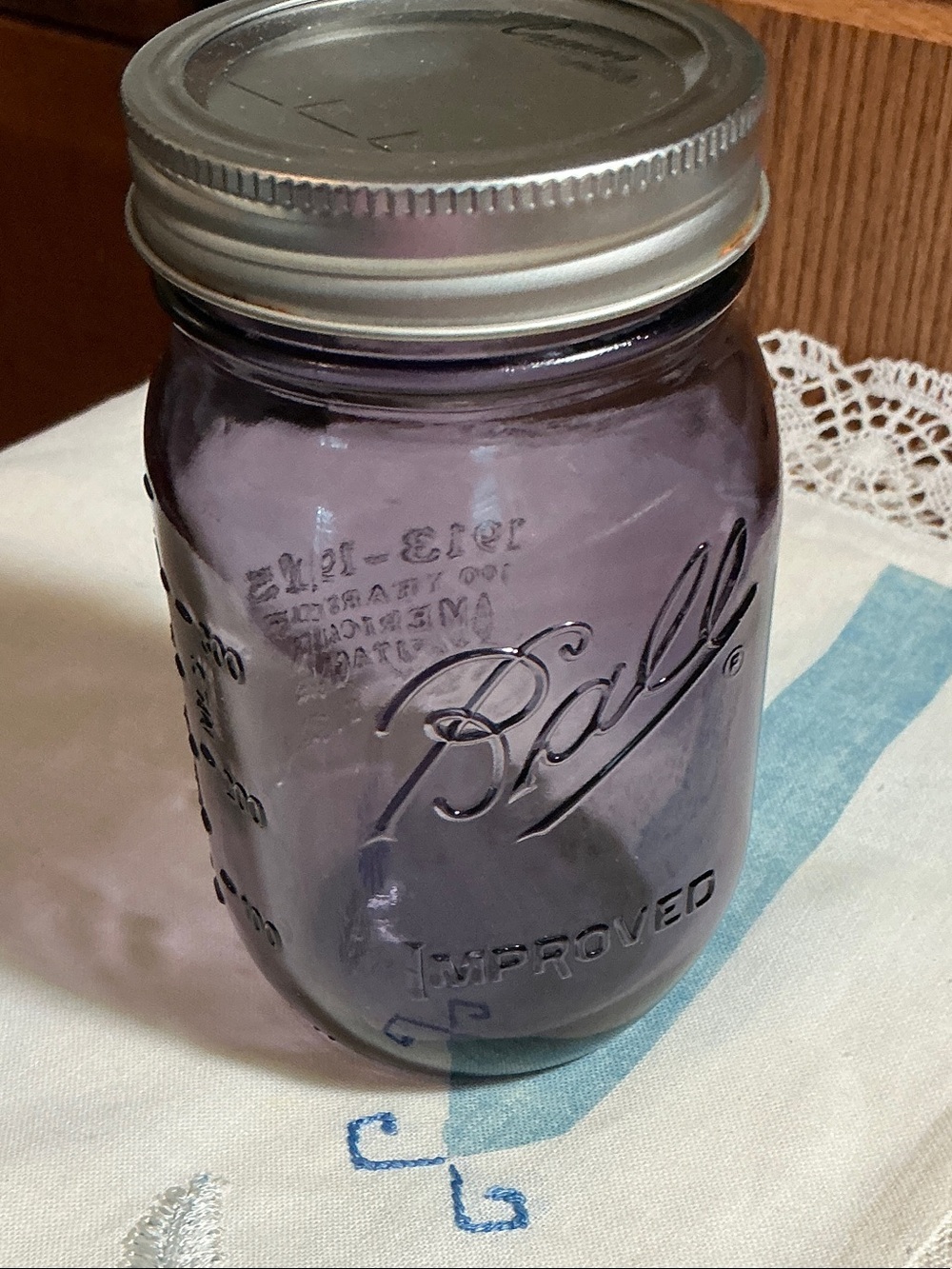 Ball Mason Improved Jar in Lavender Glass with Silver Lid 100th anniversary